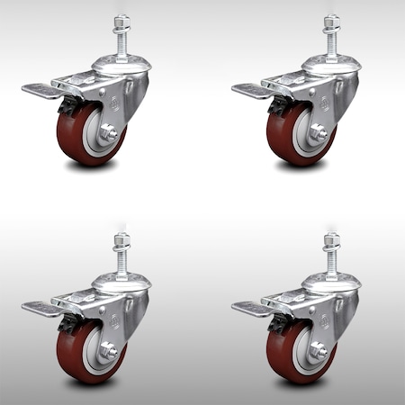 Service Caster 3.5 Inch SS Maroon Poly 3/8 Inch Threaded Stem Caster Set Total Lock Brake SCC SCC-SSTSTTL20S3514-PPUB-MRN-381615-4